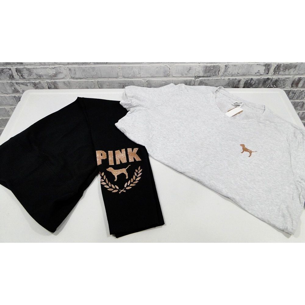 PINK Victorias Secret Bling Campus Tee XL,Rose‎ Gold High Legging L,Set New